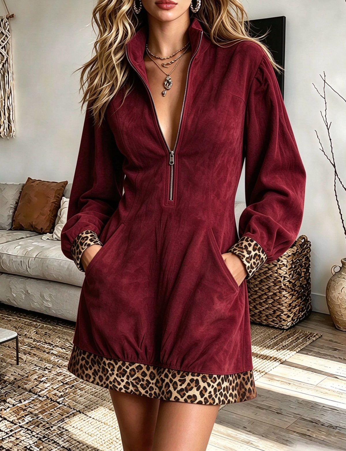 💛LAST DAY SAVE 49% ⏰Vintage Elegant Suede Patchwork Leopard Dress