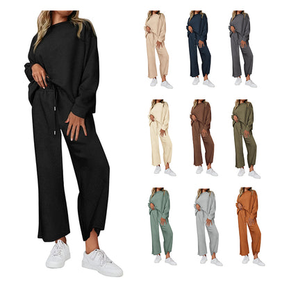 NEW 🔥 Women's Cotton Two-Piece Oversized Drawstring Sweatshirt Wide Leg Sweatpants Casual Set