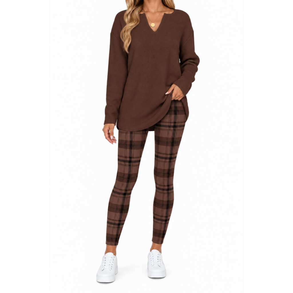💚Women's 2-Piece Lounge Set – Long Sleeve Top & Plaid Leggings