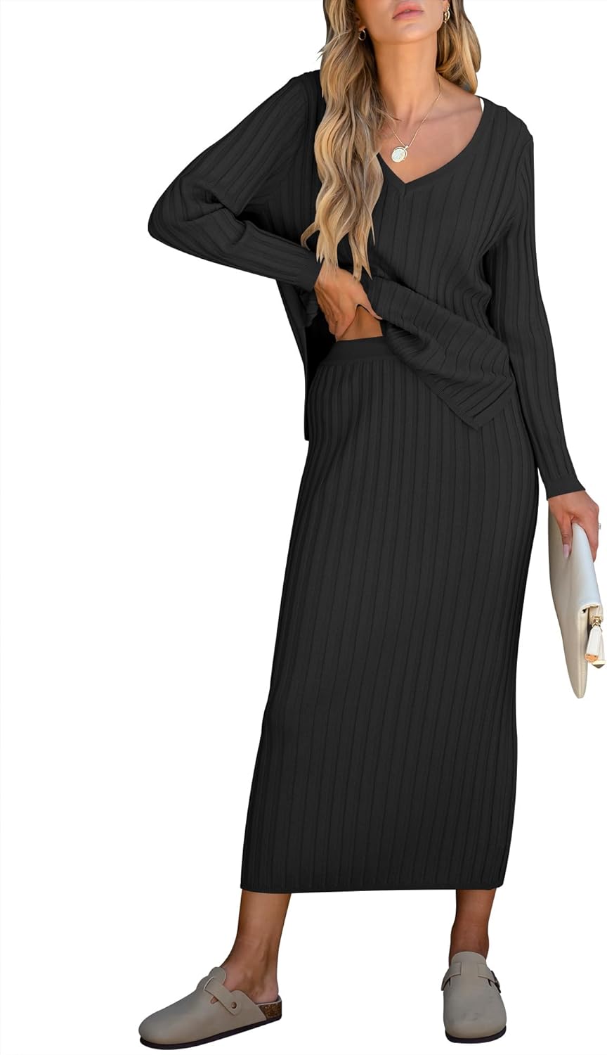 🎄Christmas Clearance🔥Women's Long Sleeve V Neck Ribbed Knit Dress Set