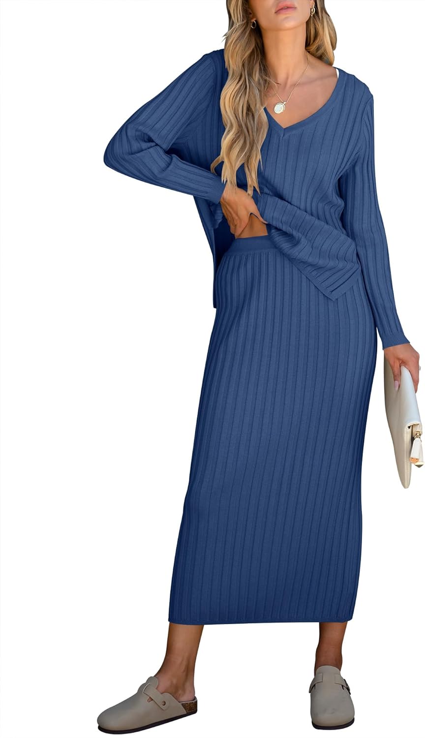 🎄Christmas Clearance🔥Women's Long Sleeve V Neck Ribbed Knit Dress Set