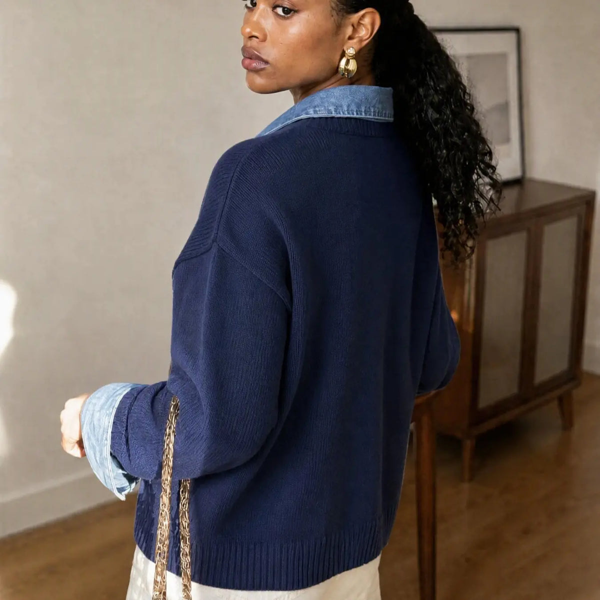 💚Korean Style Denim Patchwork Knit Pullover Sweater for Women