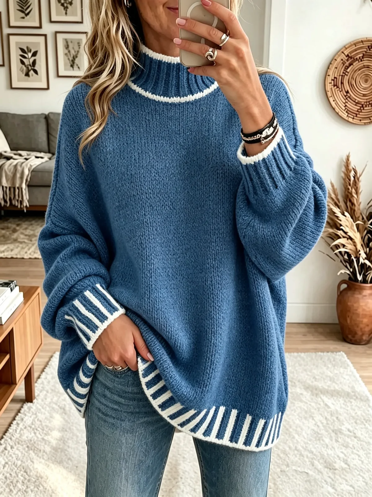 💛LAST DAY SAVE 49% ⏰Women's Striped Trim Mock Neck Sweater
