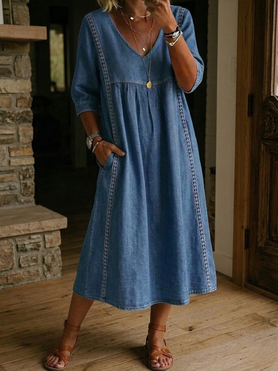 🤲Casual Loose-fitting Patchwork Lace Trim Linen And Cotton Dress