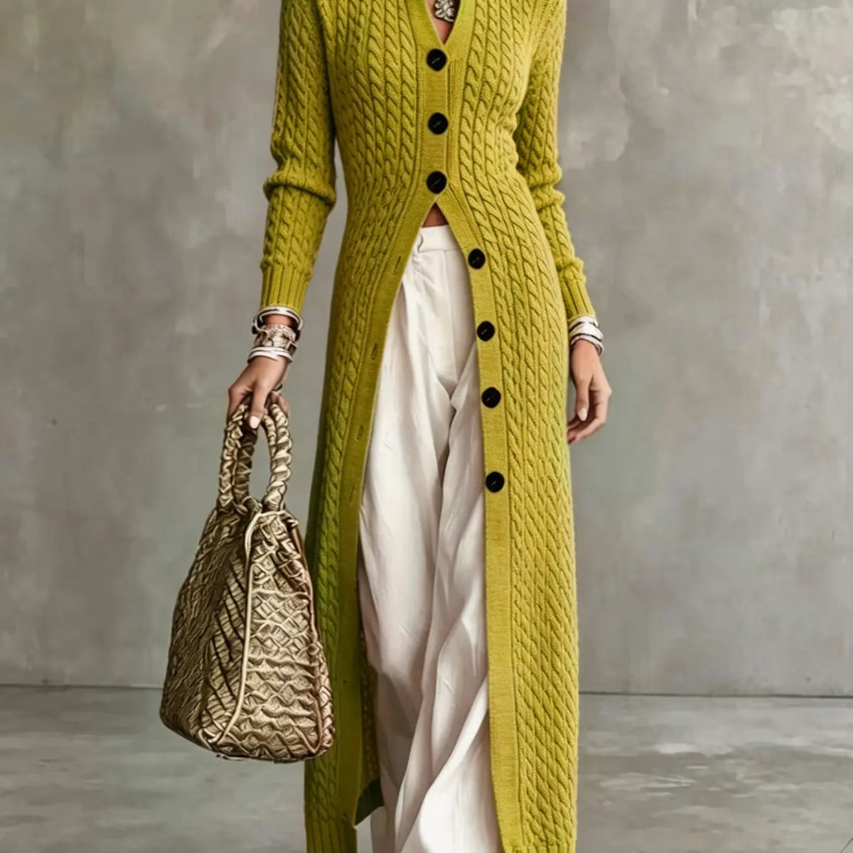 💚Women's Cable Knit Long Cardigan Slim Fit Acrylic Apricot Outerwear