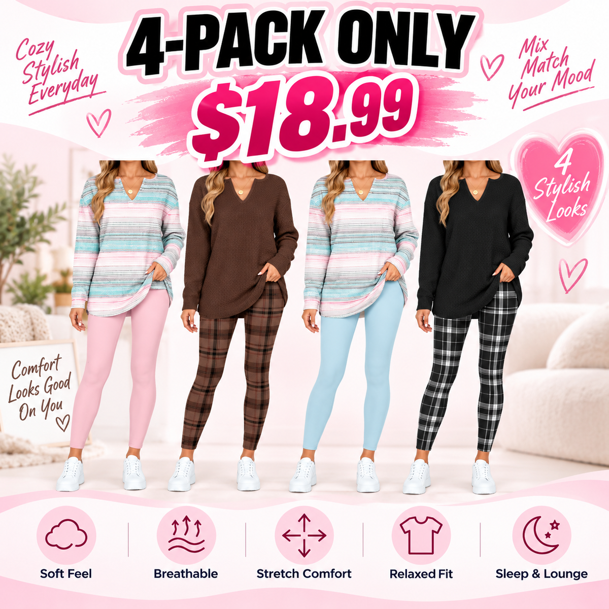 💚Women's 2-Piece Lounge Set – Long Sleeve Top & Plaid Leggings