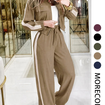 💚Casual Women's Two-Piece Set with High Waist Pants and Short Zipper Jacket, Polyester, Multiple Colors