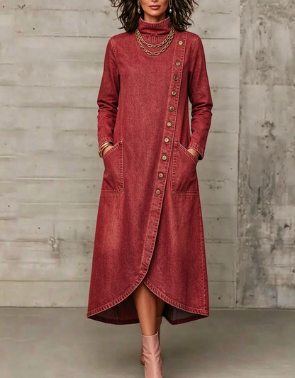 💛LAST DAY SAVE 49% ⏰High Neck Diagonal Button Large Pocket Denim Maxi Dress