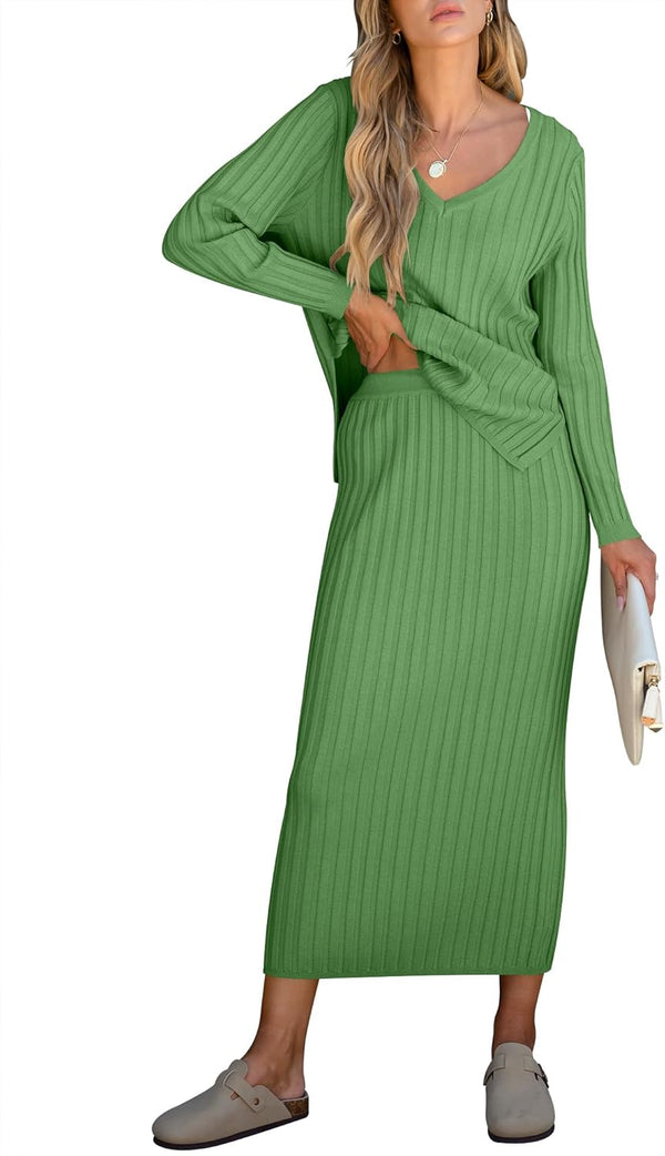 🎄Christmas Clearance🔥Women's Long Sleeve V Neck Ribbed Knit Dress Set