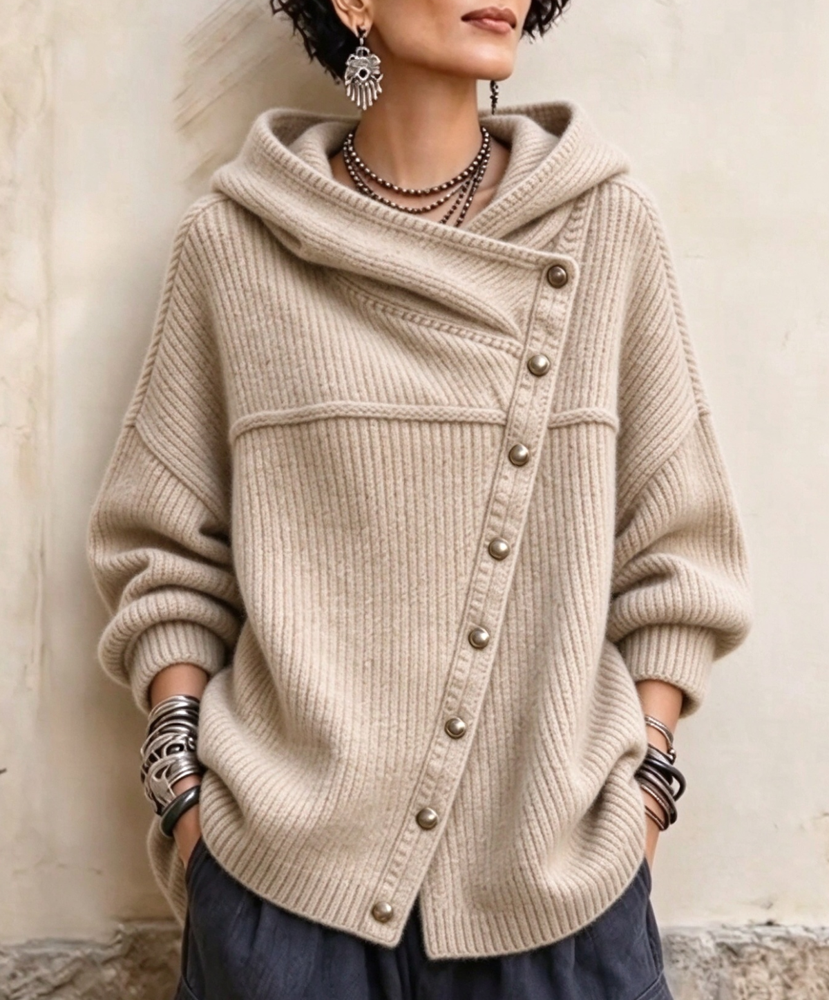 💛LAST DAY SAVE 49% ⏰Women's Oversized Hooded Knit Jacket Fall Casual Sweater Coat+🔥Free necklace