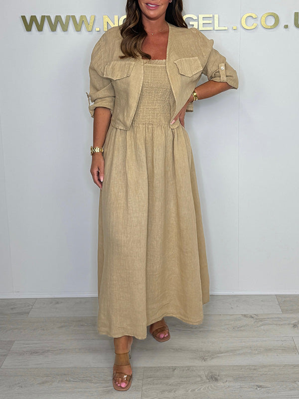 CLEARANCE🔥 Linen Smocked Dress With Over Jacket Two-piece Set