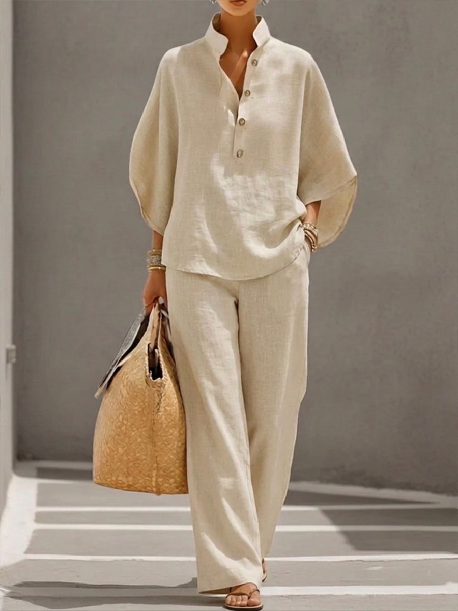 ✨✨Last Day 49% OFF🎁Women’s Batwing Sleeve Linen Cotton Two-Piece Set – Casual Shirt & Wide Leg Pants Outfit