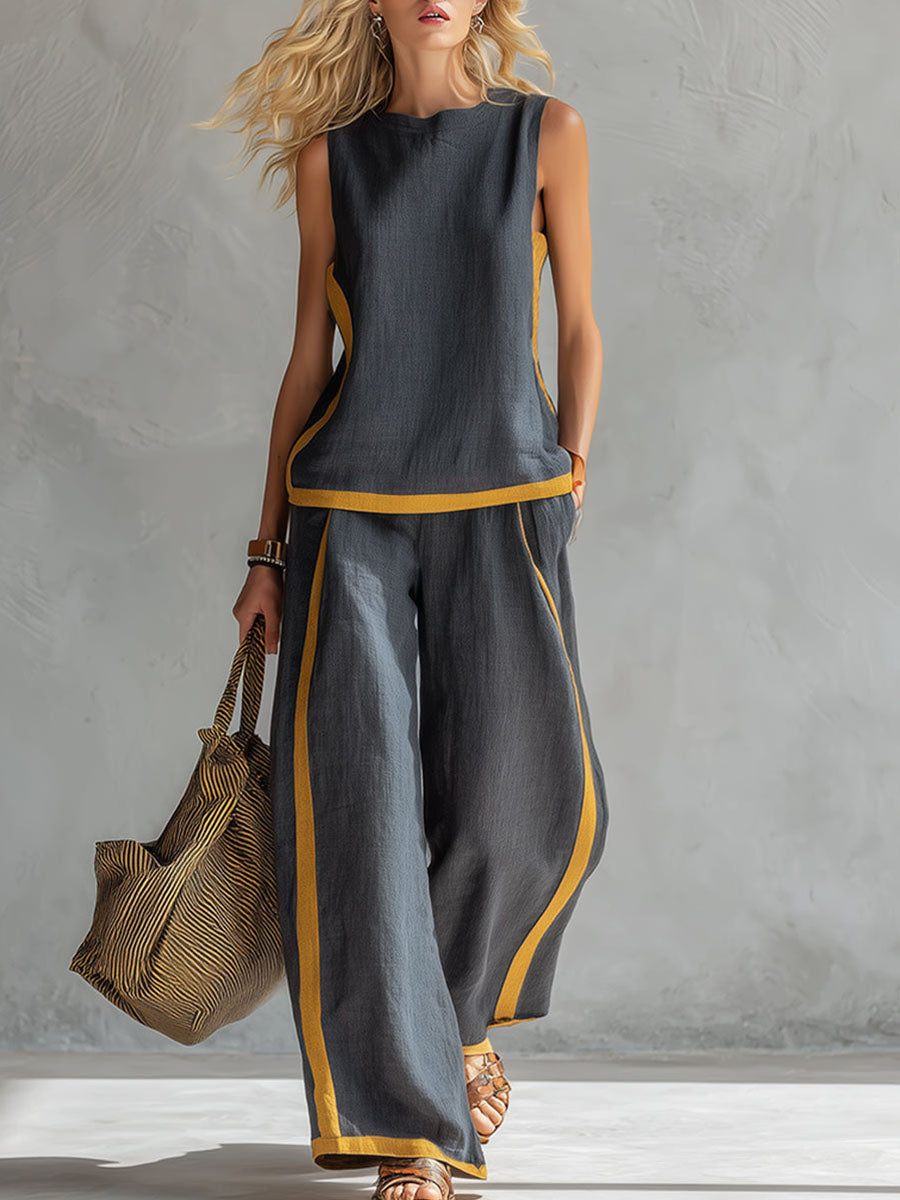 New Arrivals🔥 Women's Round Neck Sleeveless Casual Loose Top & Loose Wide-leg Pants Cotton and Linen Set