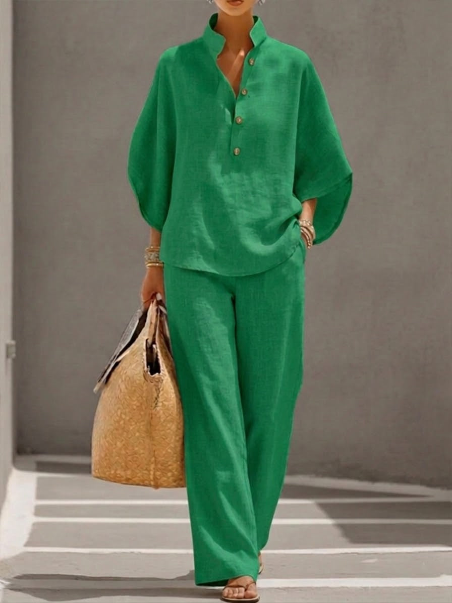 ✨✨Last Day 49% OFF🎁Women’s Batwing Sleeve Linen Cotton Two-Piece Set – Casual Shirt & Wide Leg Pants Outfit