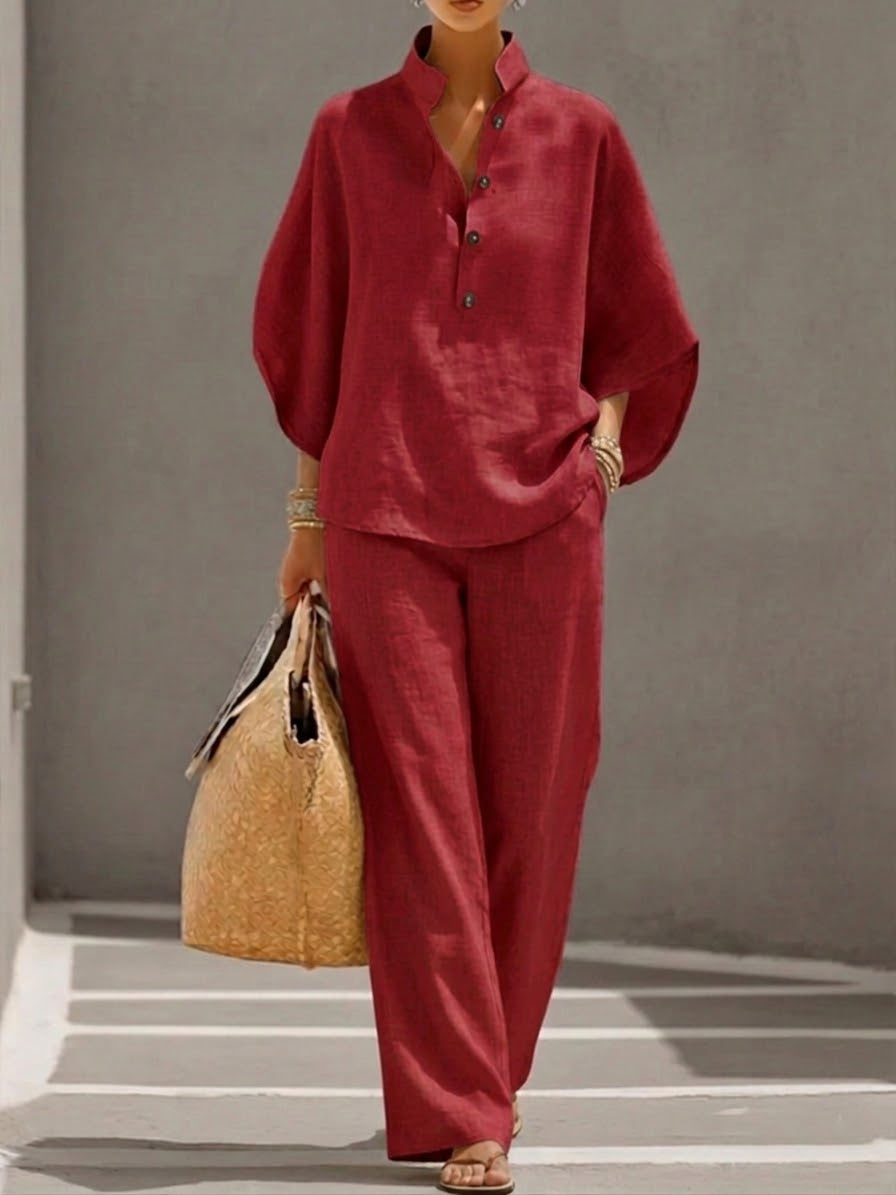 ✨✨Last Day 49% OFF🎁Women’s Batwing Sleeve Linen Cotton Two-Piece Set – Casual Shirt & Wide Leg Pants Outfit