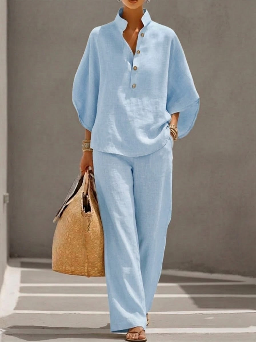 ✨✨Last Day 49% OFF🎁Women’s Batwing Sleeve Linen Cotton Two-Piece Set – Casual Shirt & Wide Leg Pants Outfit