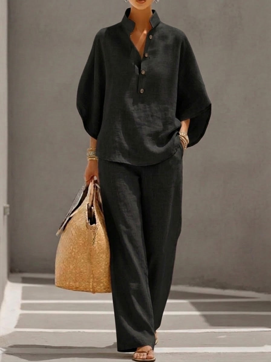 ✨✨Last Day 49% OFF🎁Women’s Batwing Sleeve Linen Cotton Two-Piece Set – Casual Shirt & Wide Leg Pants Outfit