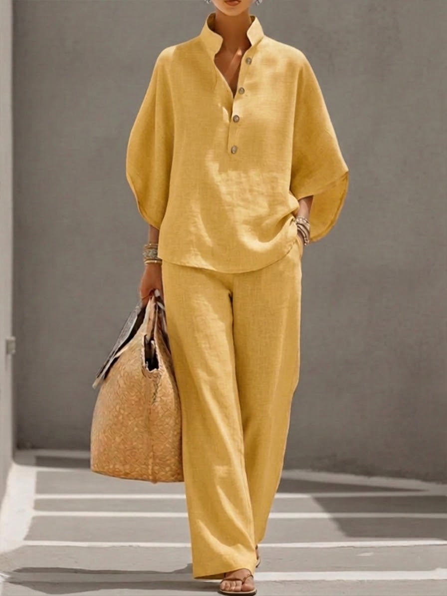 ✨✨Last Day 49% OFF🎁Women’s Batwing Sleeve Linen Cotton Two-Piece Set – Casual Shirt & Wide Leg Pants Outfit