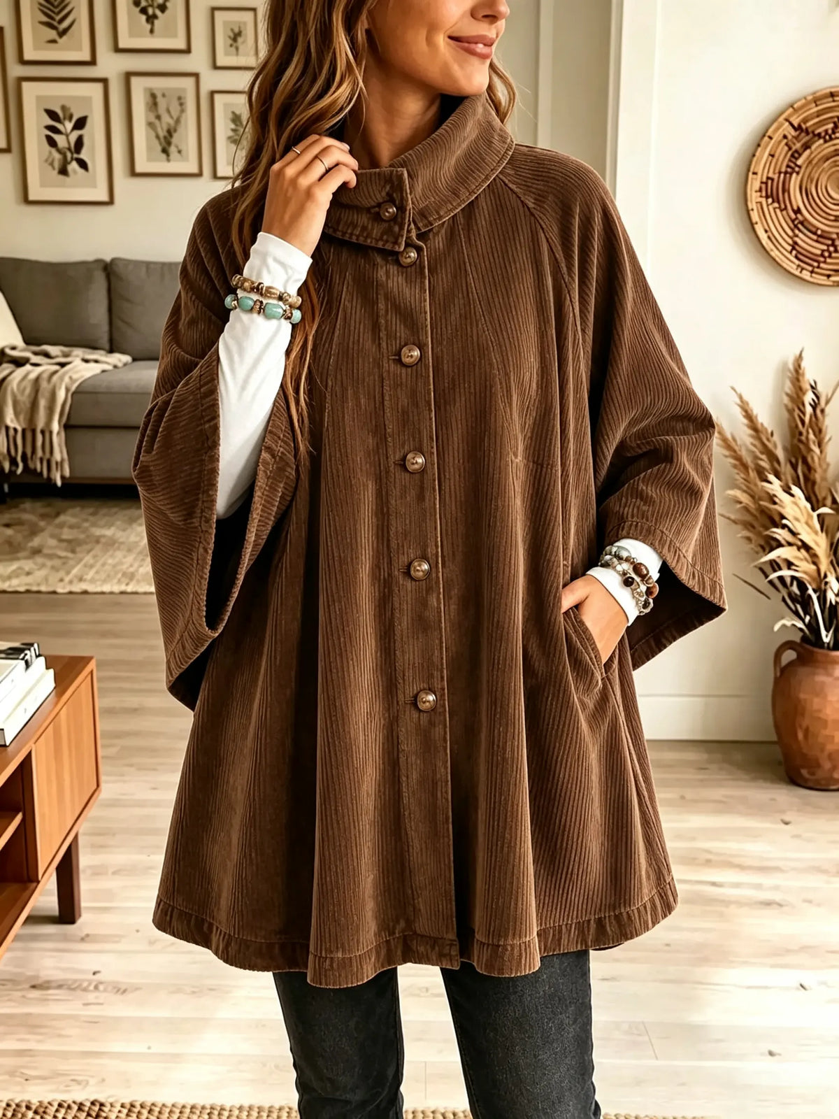 💛LAST DAY SAVE 49% ⏰Women's Stand Collar Oversized Corduroy Poncho Coat