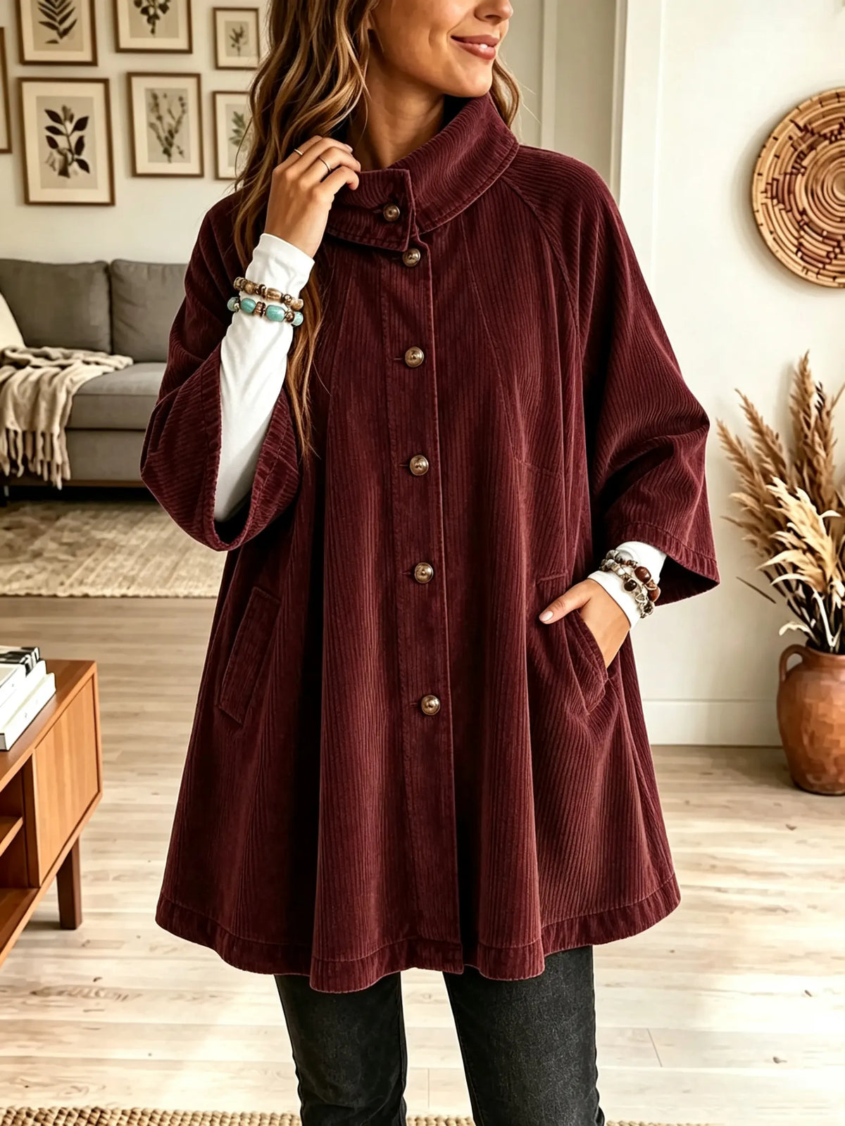 💛LAST DAY SAVE 49% ⏰Women's Stand Collar Oversized Corduroy Poncho Coat