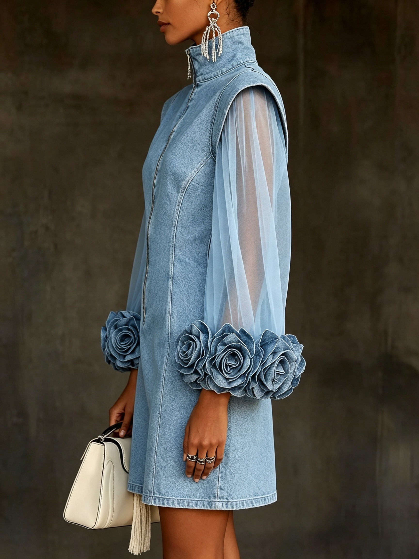 🤲LAST DAY SAVE 49% ⏰Romantic 3d Floral Denim Mesh Sleeve Zip-up Dress