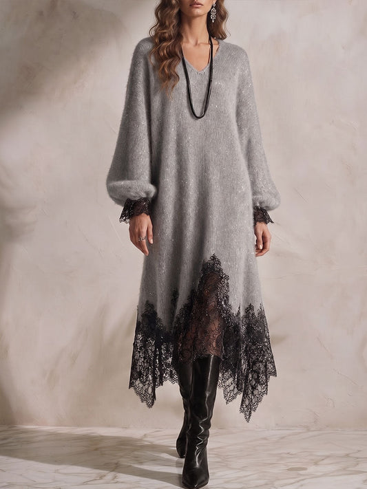 💛LAST DAY SAVE 49% ⏰Women's V-neck Long-sleeve Casual Loose-fit Knit Dress With Lace Paneling And Subtle Shimmer-✨FREE Handbag