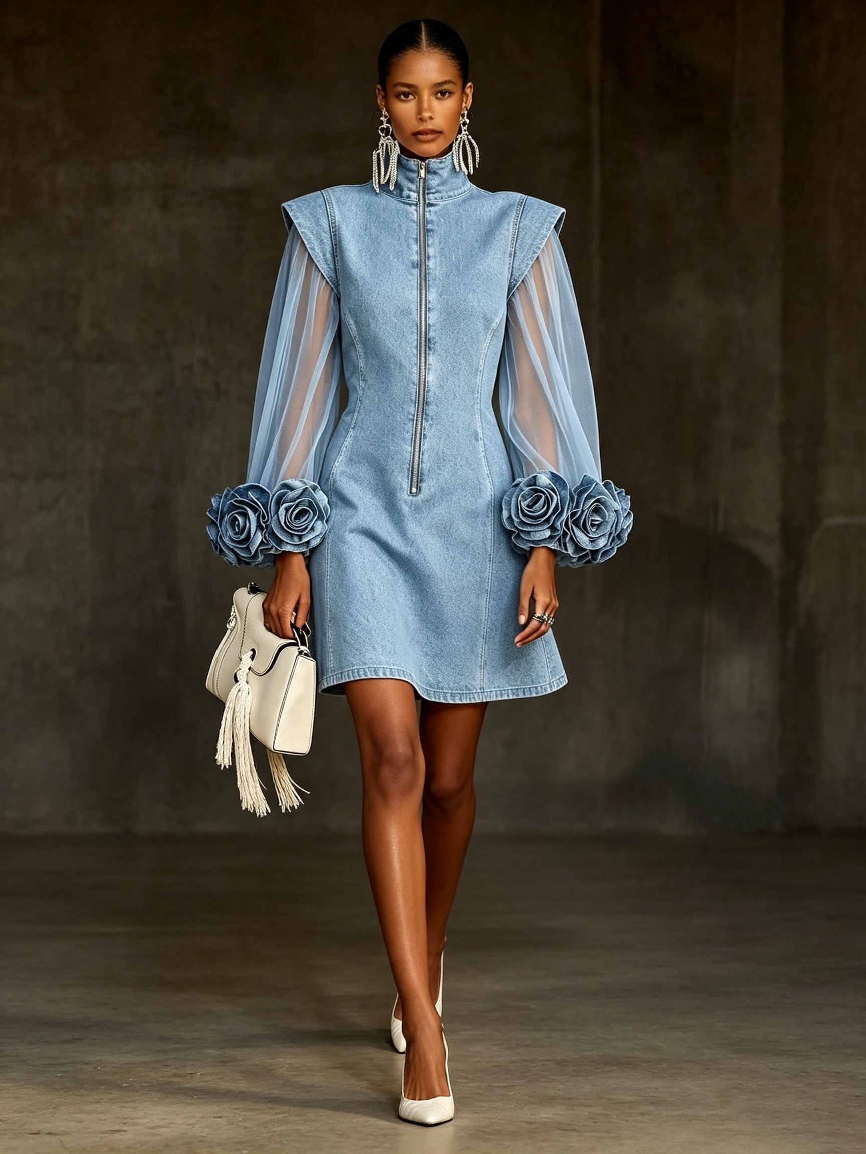 🤲LAST DAY SAVE 49% ⏰Romantic 3d Floral Denim Mesh Sleeve Zip-up Dress