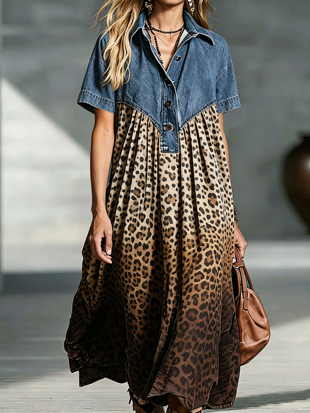 🤲LAST DAY SAVE 49% ⏰Women’s Denim Spliced Gradient Leopard Print Shirt Midi Dress
