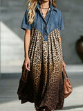 🤲LAST DAY SAVE 49% ⏰Women’s Denim Spliced Gradient Leopard Print Shirt Midi Dress