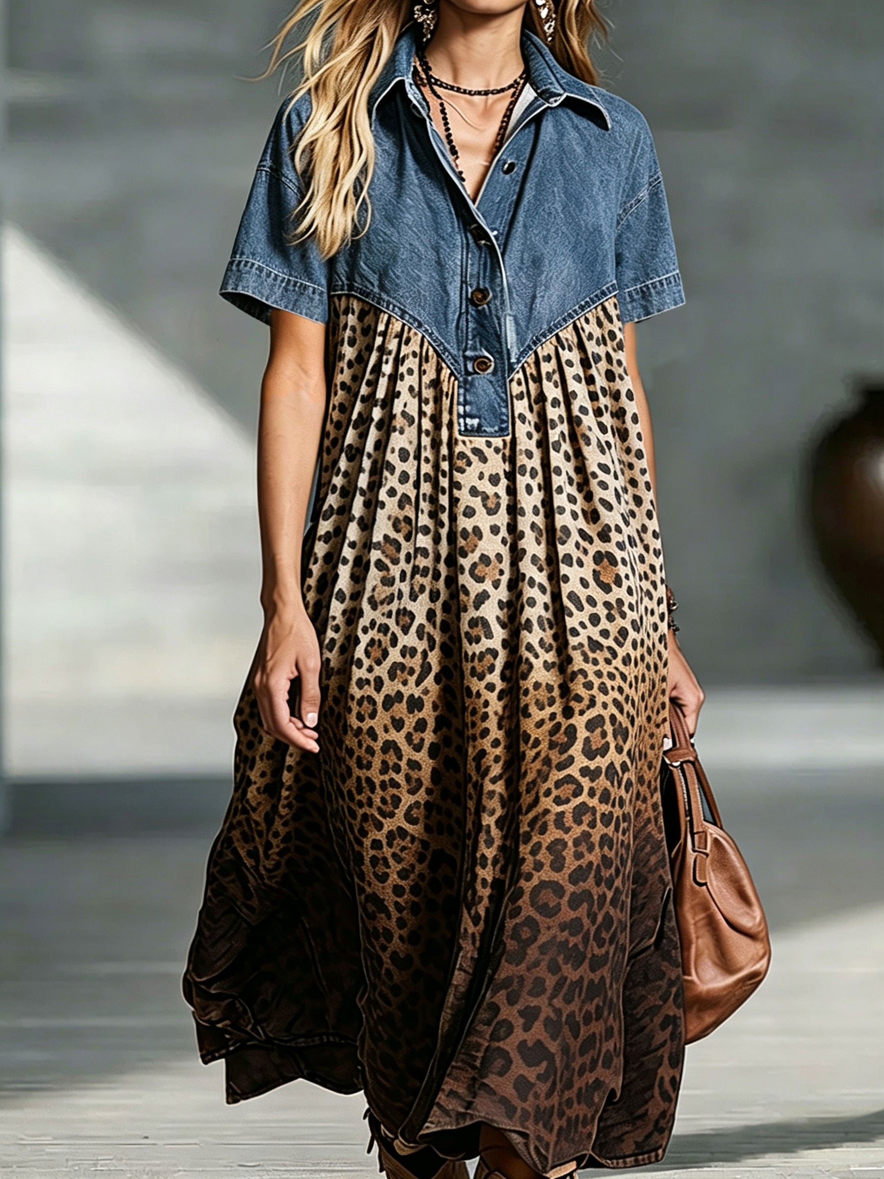 🤲LAST DAY SAVE 49% ⏰Women’s Denim Spliced Gradient Leopard Print Shirt Midi Dress