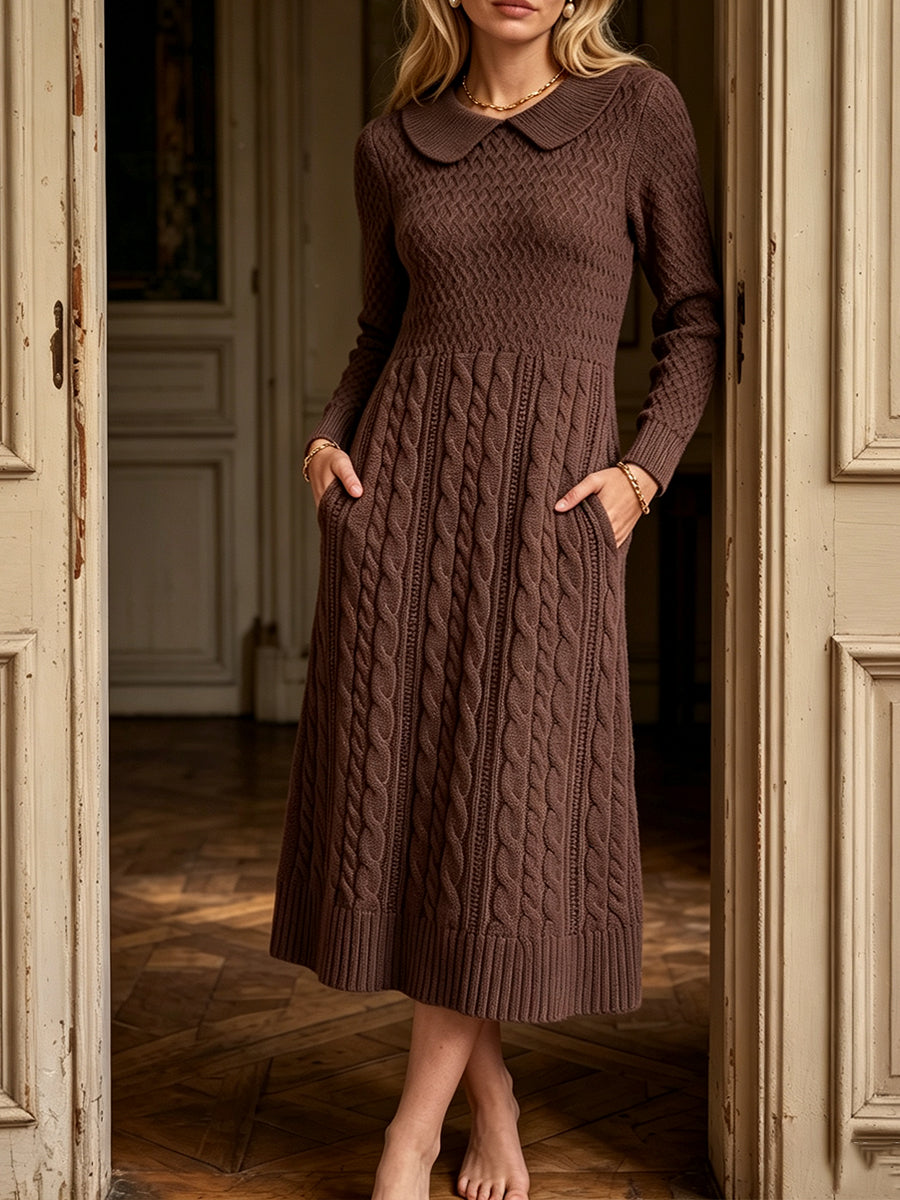 🤲LAST DAY SAVE 49% ⏰Classic Brown Cable-Knit Collar Midi Dress