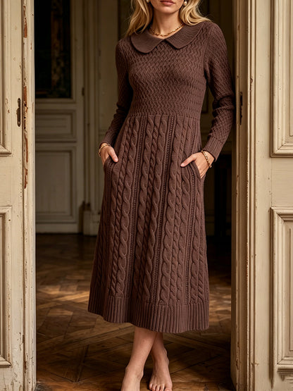 🤲LAST DAY SAVE 49% ⏰Classic Brown Cable-Knit Collar Midi Dress