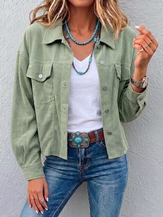 Vintage-style Solid-color Corduroy Loose-fit Jacket With Pockets