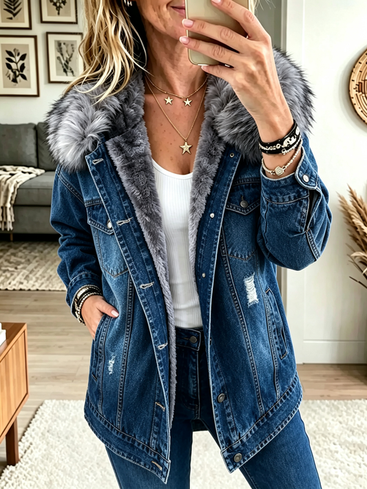 🤲LAST DAY SAVE 49% ⏰Women's Faux Fur Collar Fleece-Lined Denim Jacket