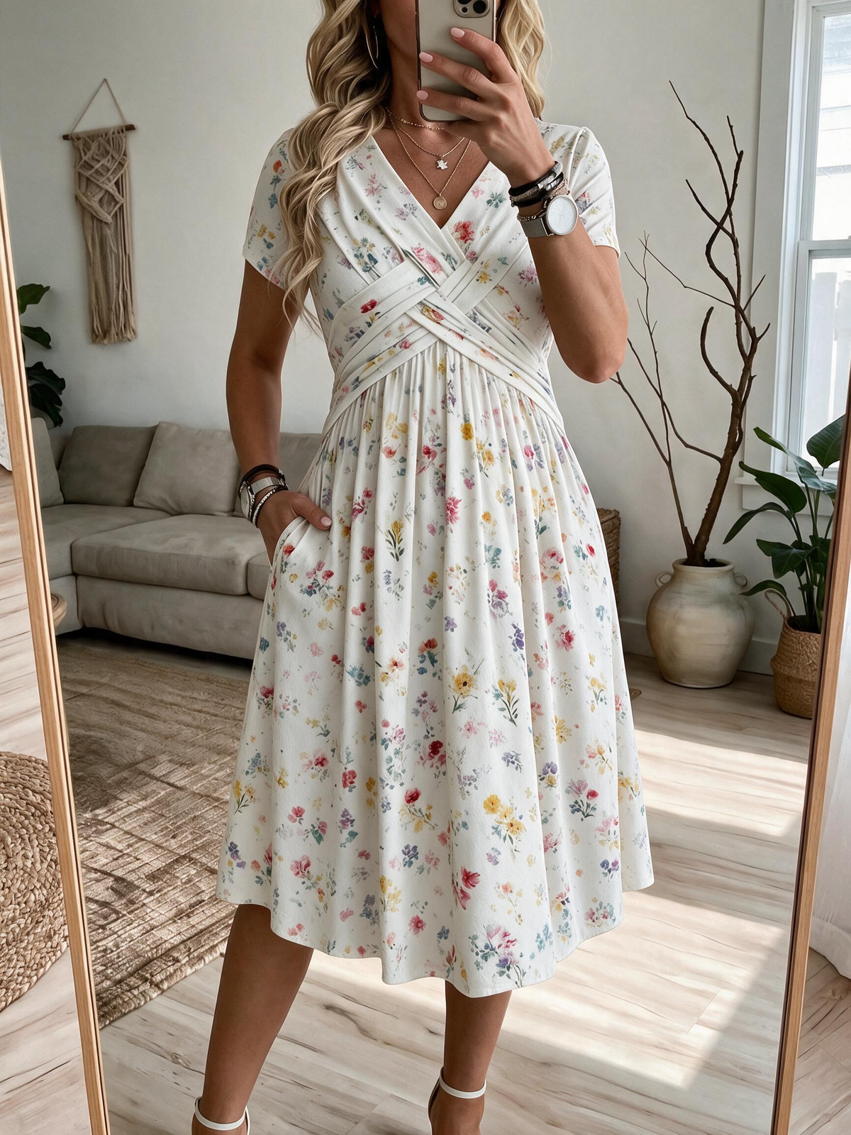 💛Women's V-Neck Floral Print Dress with Twist Waist