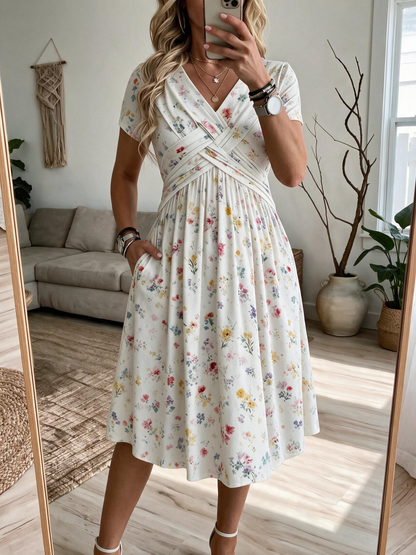 💛Women's V-Neck Floral Print Dress with Twist Waist