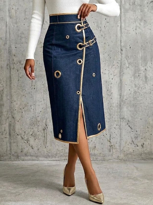 🤲LAST DAY SAVE 49% ⏰Chic And Refined Denim Midi Skirt With Gold Piping.