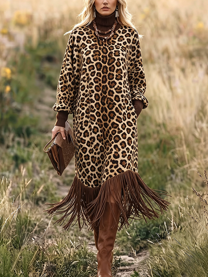 💛LAST DAY SAVE 49% ⏰Boho Chic Wild Leopard Fringe Dress— FREE Handbag