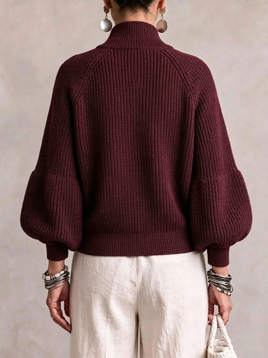 Cropped Knit Jacket With A Stand Collar, Zip Fastening, And Lantern Sleeves