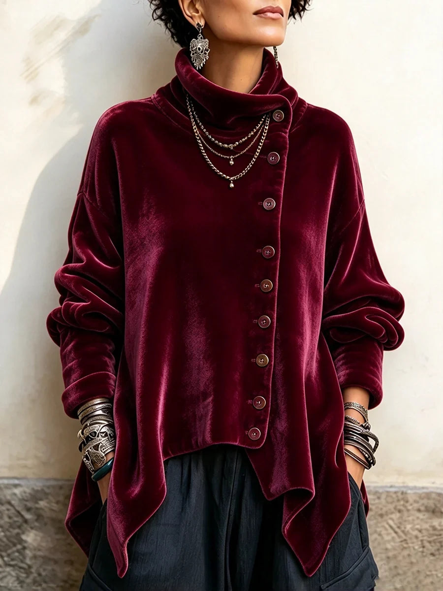 💛LAST DAY SAVE 49% ⏰Chic Velvet Asymmetric Button Turtleneck Top