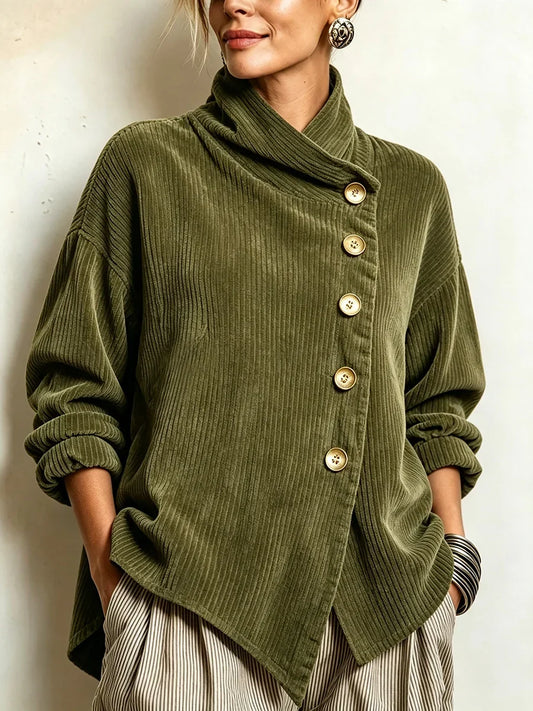 🅶Women's Corduroy Button-Up Top | Relaxed Asymmetrical Wrap Collar Shirt