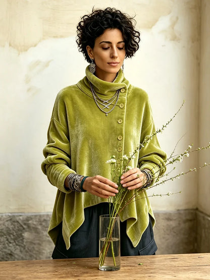 💛LAST DAY SAVE 49% ⏰Chic Velvet Asymmetric Button Turtleneck Top