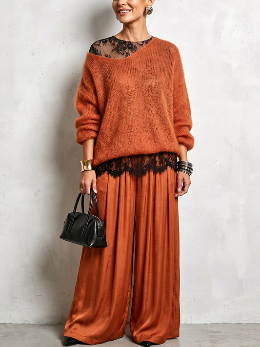 💛LAST DAY SAVE 49% ⏰Cozy Lace Long Sleeve T-shirt And Mohair Knit Sweater Two Piece Set