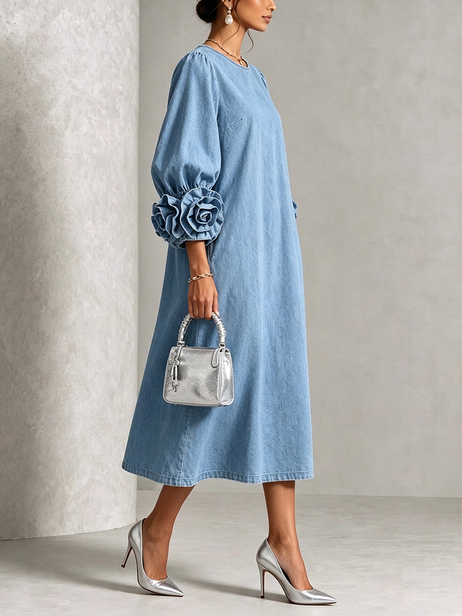 🤲LAST DAY SAVE 49% ⏰Chic Chambray Denim 3D Rosette Sleeve Midi Dress