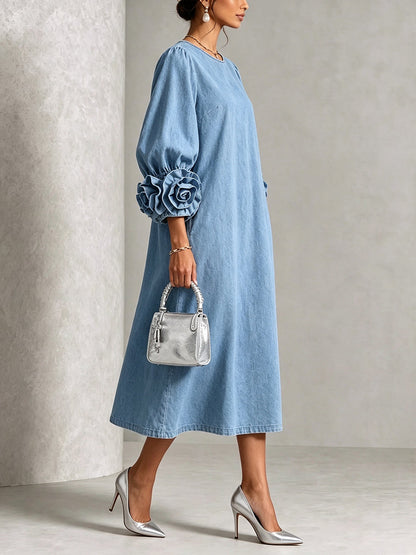 🤲LAST DAY SAVE 49% ⏰Chic Chambray Denim 3D Rosette Sleeve Midi Dress