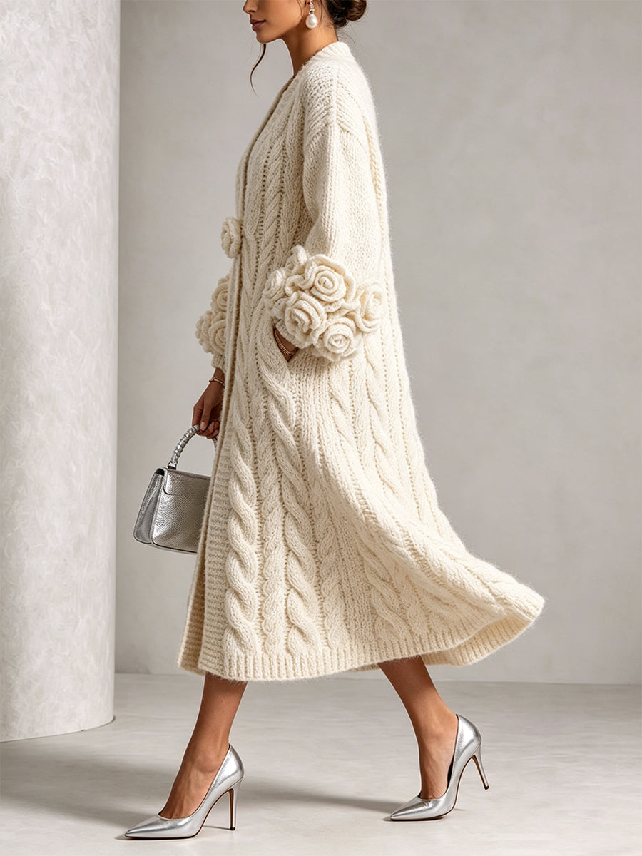 🤲LAST DAY SAVE 49% ⏰Chic Cream Floral Accented Cable-Knit Cardigan