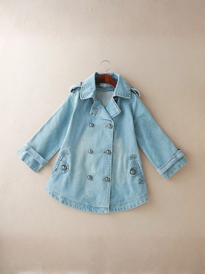 Vintage Washed Denim Pea Coat – Lapel Collar Utility Jacket