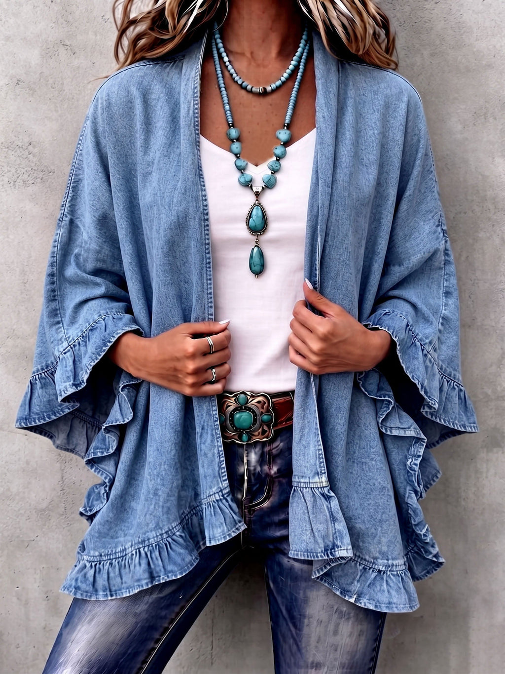 🤲LAST DAY SAVE 49% ⏰Chic Boho Denim Ruffle Trim Cardigan