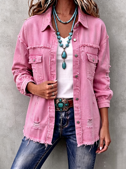 Casual Distressed Raw Edge Denim Jacket