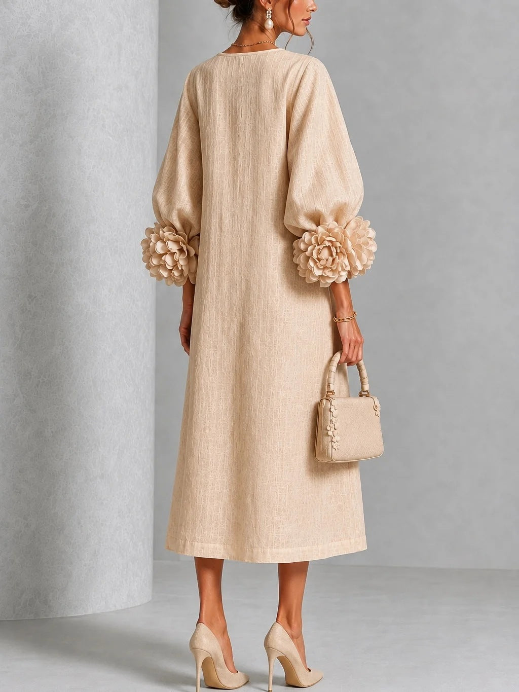 🤲LAST DAY SAVE 49% ⏰Chic Chambray Denim 3D Rosette Sleeve Midi Dress